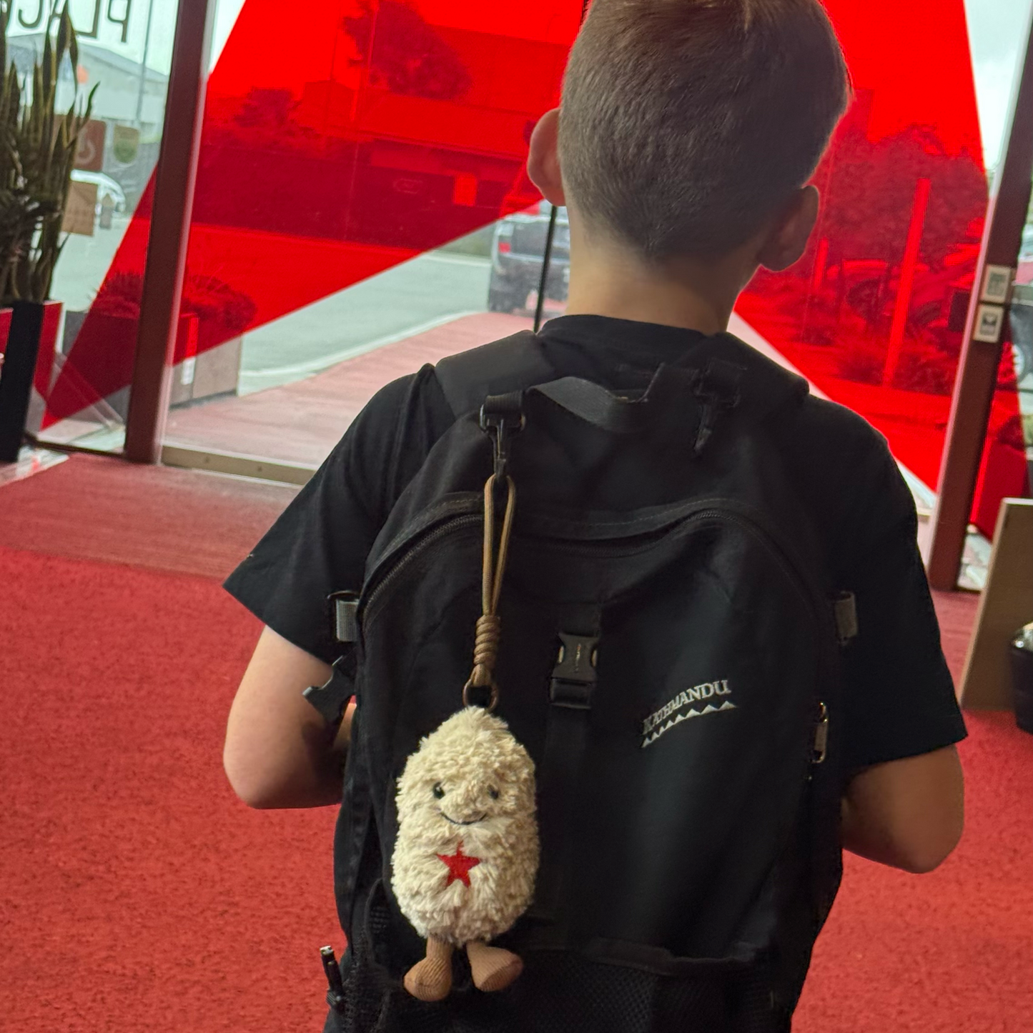 Person with a black backpack featuring a small peanut plush toy, standing on a red carpet with a large red star in the background.