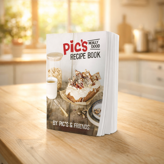 Recipe book titled 'Pic's Really Good Recipe Book' on a kitchen counter